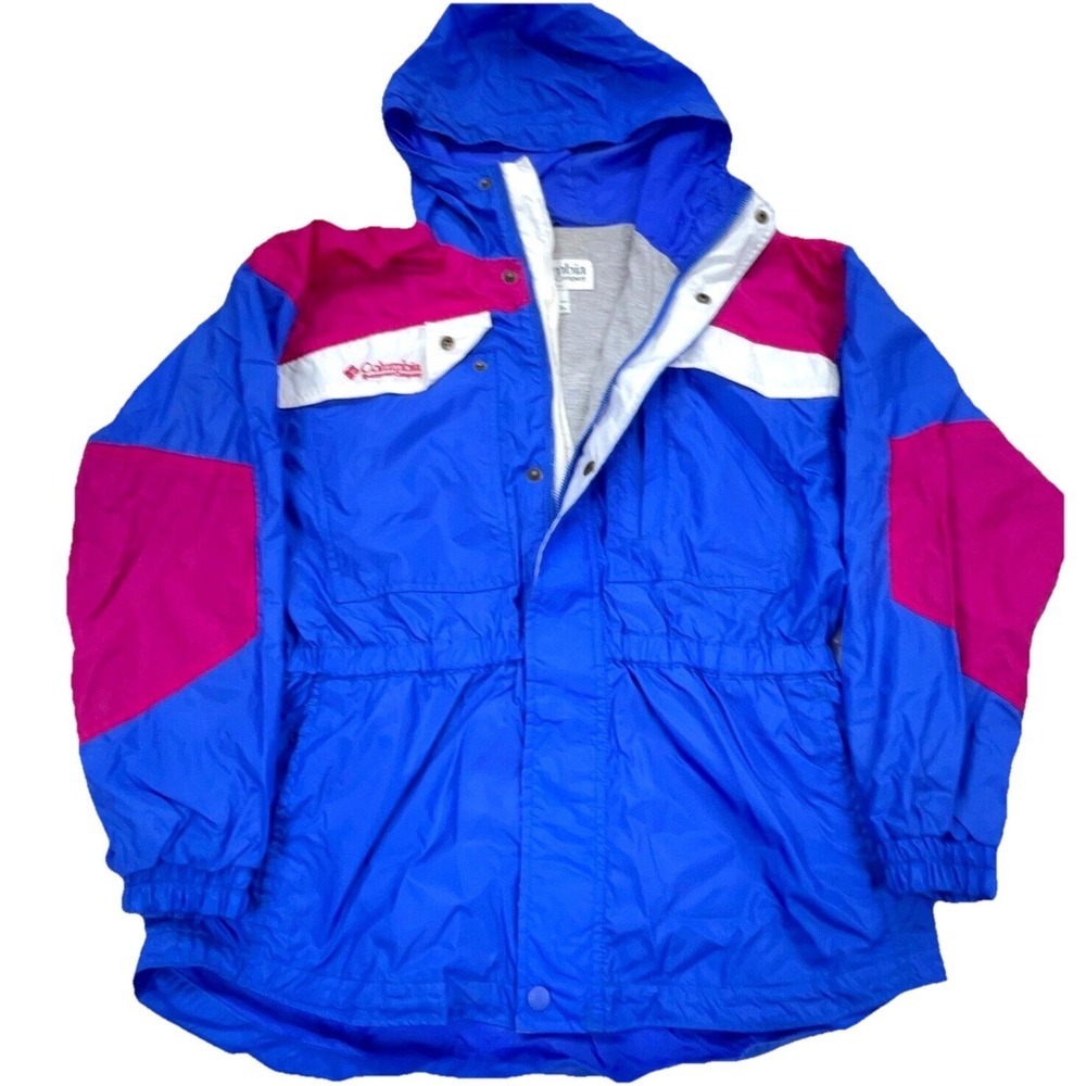 Vintage Columbia Jacket Girls Large Blue Pink Windbreaker Rain Coat Youth Y2K